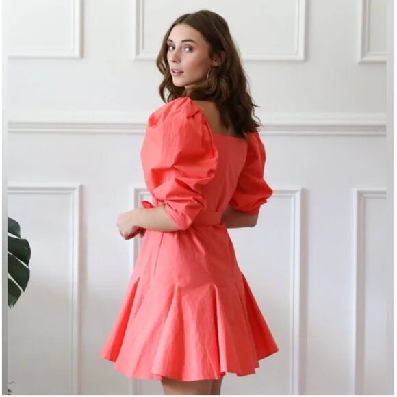 NWT $128 Mille Anais Puff Sleeve Coral Mini Dress Size w/ Tie - Picture 1 of 7
